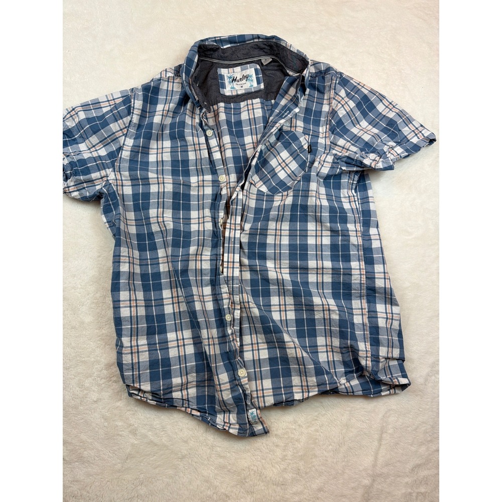 Hurley Made in the Shade Mens Blue White Plaid Short Sleeve Button Down Shirt M
